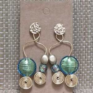 Wire Work Earrings with Ocean Blue and Gold Lampwork Beads